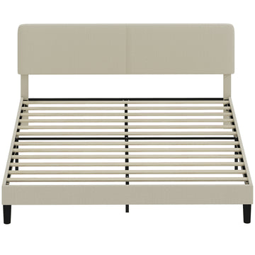 King Size Bed Frame with Adjustable Upholstered Headboard Platform Bed Frame Wood Slat Support Noise Free Light Grey