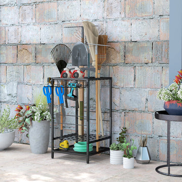 3-Tier Yard Tool Tower Rack, Garden Tool Organizer with 14 Hooks for Long-Handled Rakes, Shovel, Broom, Black