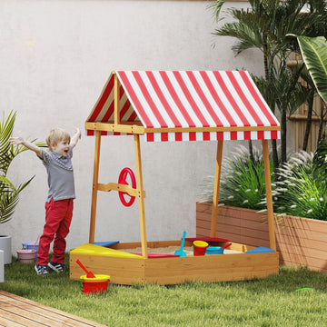 Qaba Wooden Kids Sandbox with Cover, 4 Seats, Rudder, Deck, Bottom Liner, 52