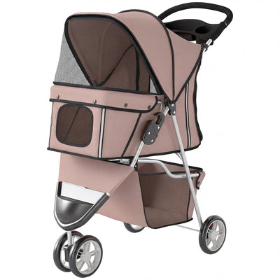 3 Wheels Foldable Dog Stroller with Storage Basket, Adjustable Canopy, Cupholder for Miniature and Small Dogs, Coffee
