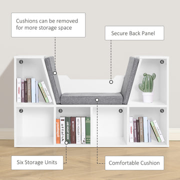 Bibliothèque à 6 compartiments avec coussin de siège, étagère de rangement cubique avec coin lecture pour bureau à domicile, étude, gris