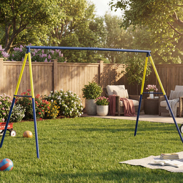 Qaba Kids Swing Set, Heavy Duty Metal 2 Seat Swing Stand Set with Ground Stakes, Supports 150 kg, Indoor Outdoor, Blue