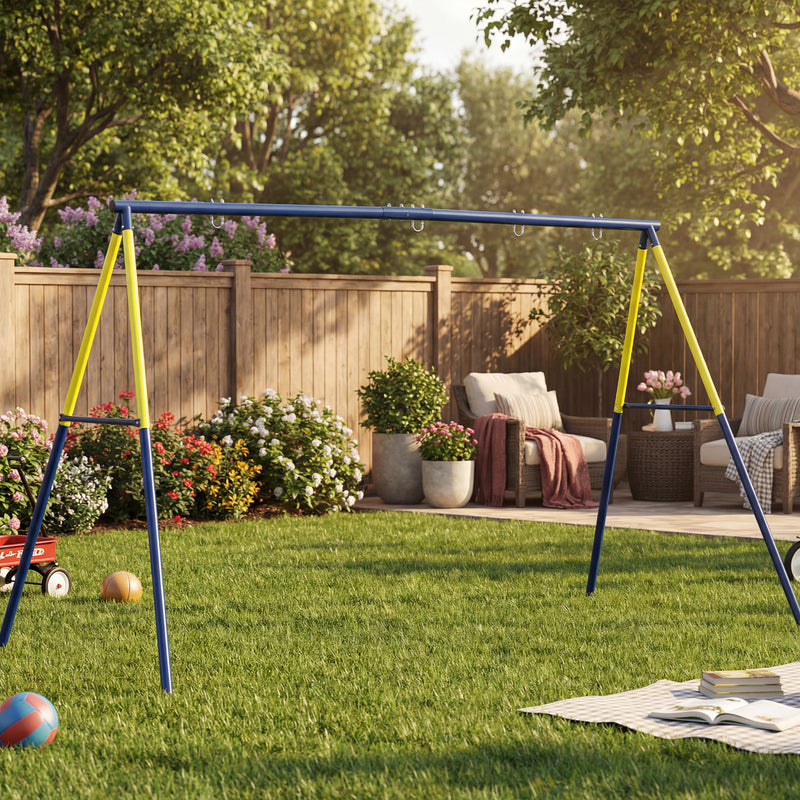 Qaba Kids Swing Set, Heavy Duty Metal 2 Seat Swing Stand Set with Ground Stakes, Supports 150 kg, Indoor Outdoor, Blue