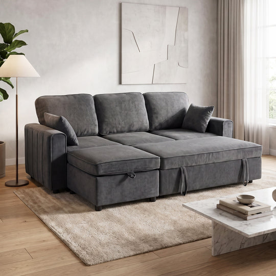 Modular Sectional Sofa Bed with Reversible Storage Ottoman, Pull Out Sleeper Sofa with Spring Cushion, Dark Grey