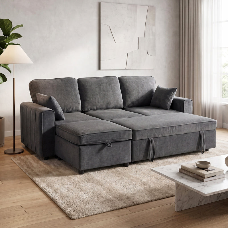 Modular Sectional Sofa Bed with Reversible Storage Ottoman, Pull Out Sleeper Sofa with Spring Cushion, Dark Grey