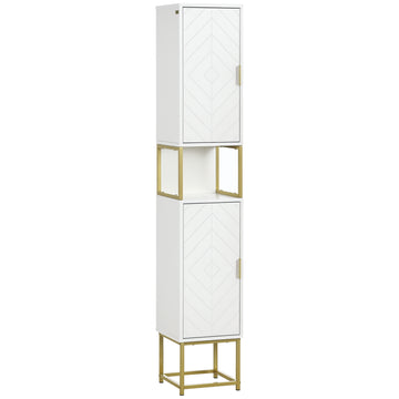 Tall Bathroom Storage Cabinet, Modern Narrow Bathroom Cabinet with Diamond Chevron Pattern and Adjustable Shelf, White