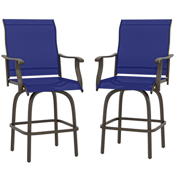 Outdoor Bar Stools Set of 2, Swivel Bar Height Chairs with High Back, Curved Armrests and Steel Frame for Balcony, Navy Blue