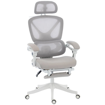 Mesh Desk Chair with Adjustable Headrest, Reclining Ergonomic Office Chair with Footrest, Light Grey