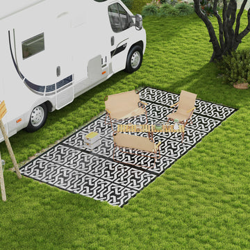 Reversible Outdoor Rug Waterproof Plastic Straw RV Rug with Carry Bag, 9' x 18', Black and White Chain