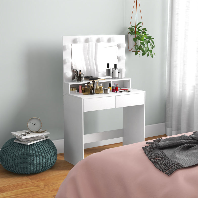 Vanity Table, Makeup Dressing Table with LED Lighting Mirror, Drawers, for Bedroom, White