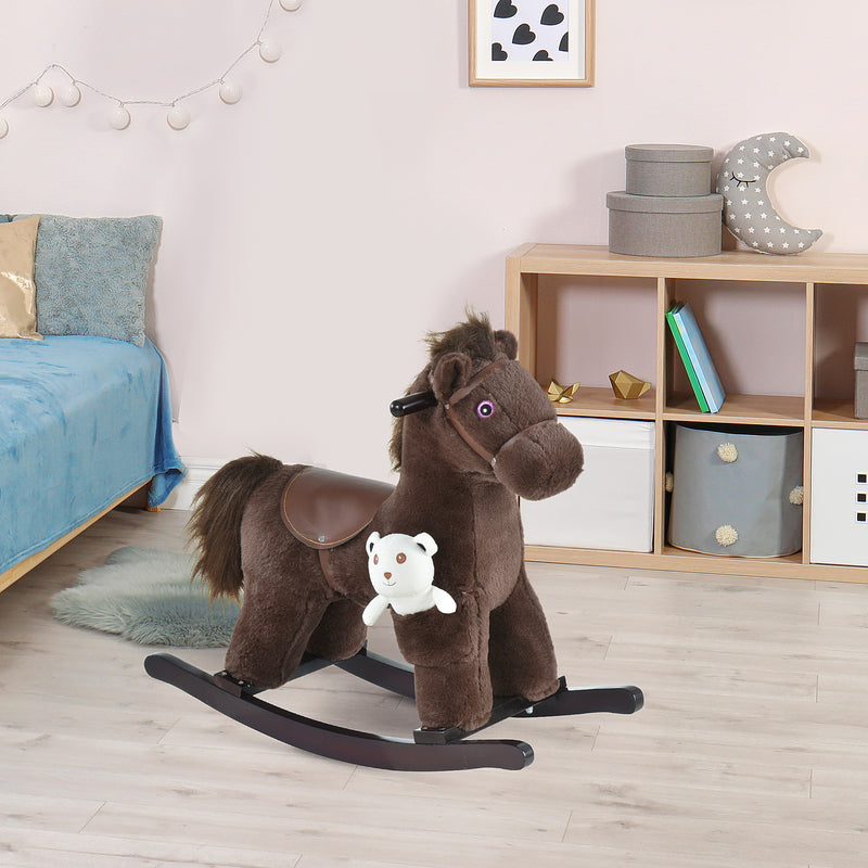 Qaba Kids Rocking Horse Plush Animal on Wooden Rockers with Sounds, Wooden Base and Bear Toy, Baby Rocking Chair, Brown