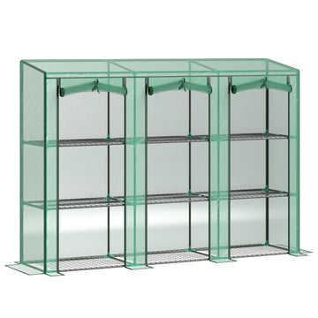 Lean-to Greenhouse with 3 Tier Shelves, Mini Greenhouse with 3 Roll-Up Doors for Indoor Outdoor, Green