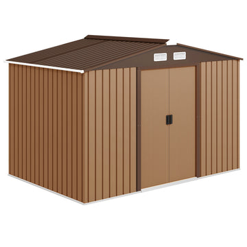 9.1'x6.4'x6.3' Garden Storage Shed w/ Foundation Kit Metal Tool Storage House w/ Double Doors, Brown