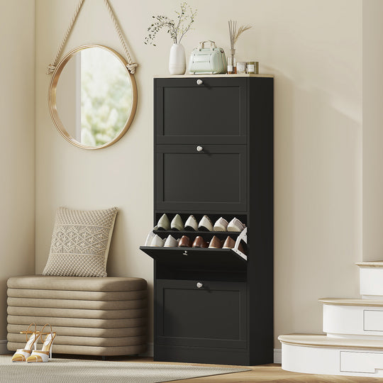 Modern Shoe Storage Cabinet with 4 Flip Drawers and Adjustable Shelves, Shoe Cabinet for 18-24 Pairs of Shoes, Black