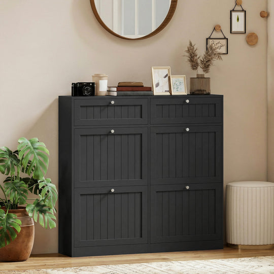 Shoe Cabinet with 2 Large Flip Drawers, Farmhouse Narrow Shoe Storage Cabinet with 2 Top Compartments, Black