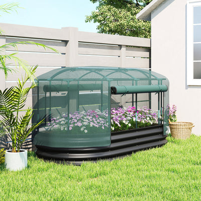6' x 3' Galvanized Raised Garden Bed with Crop Cage Net Cover and Watering System, Outdoor Planter Box, Dark Grey