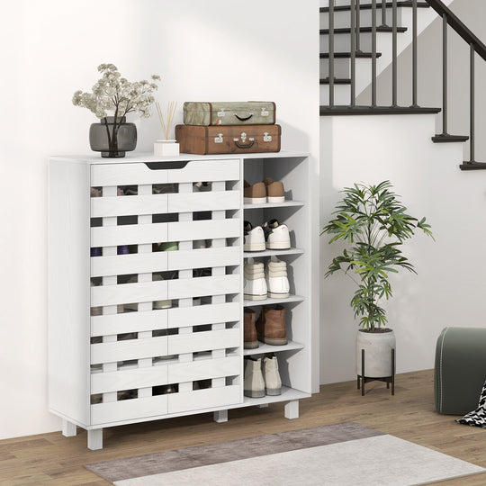 Shoe Cabinet, 21 Pair Shoe Storage Cabinet Organizer with 5-tier Double Door Cupboard and 5-tier Open Shelves, White