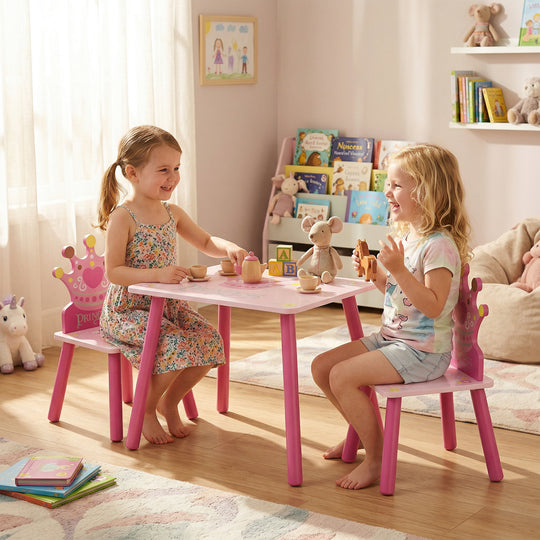 3-Piece Set Kids Wooden Table Chair with Crown Pattern Easy to Clean Gift for Girls Toddlers Age 2-4 Years Old Pink