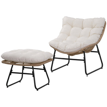 Rattan Chair w/ Stool, Cushion, Adjustable Foot Pads, Natural