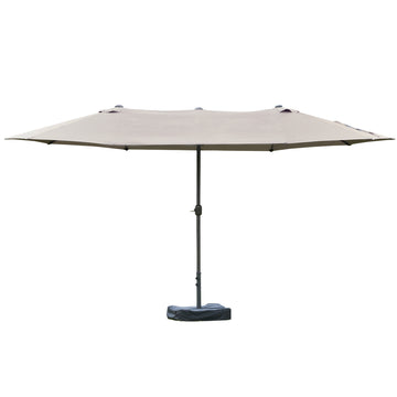15' Outdoor Patio Umbrella with Twin Canopy Sunshade Steel Table Umbrella w/ Lift Crank, Cross base, Sandbag, Light Grey