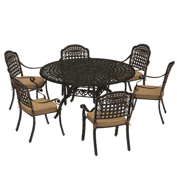 7 Pieces Outdoor Dining Set for 6, Aluminum Patio Table and Chairs Furniture Set with Umbrella Hole, Cushions, Bronze