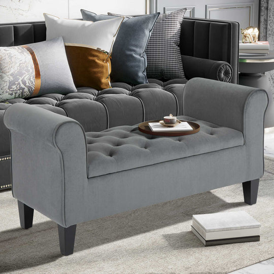 Button Tufted Storage Ottoman Bench, End of Bed Bench with Rolled Arms, Storage Chest for Living Room, Entryway, Grey