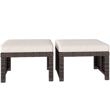 2 Pieces Wicker Outdoor Ottomans with Removable Cushions, Rattan Outdoor Seating, Footrest and Side Table, Khaki