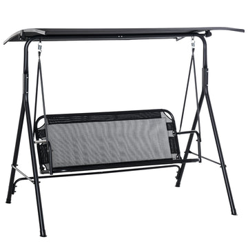 2-Person Porch Swing Chair, 2 Seater Patio Swing Bench w/ Adjustable Canopy, Breathable Seat for Garden, Poolside, Black