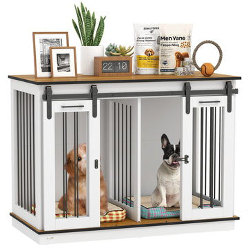 47in Dog Crate Furniture with Divider Panel, Wooden Dog Kennel TV Stand for Large Dogs, Pet House Side Table for 2 Small Dogs with Two Rooms Design, 2 Sliding Doors, Oak