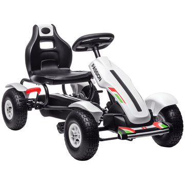Pedal Go Kart for Kids, Pedal Car with Adjustable Bucket, Handbrake, 4 Rubber Wheels Powered Ride, White