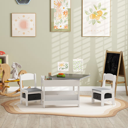 3 Piece Kids Table and Chair Set with Reversible Tabletop, Blackboard, Storage, Bookshelf, for Playroom, Nursery, Grey