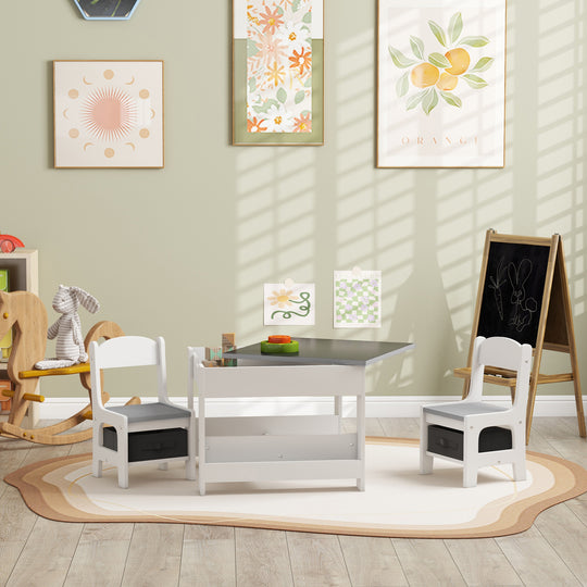 3 Piece Kids Table and Chair Set with Reversible Tabletop, Blackboard, Storage, Bookshelf, for Playroom, Nursery, Grey