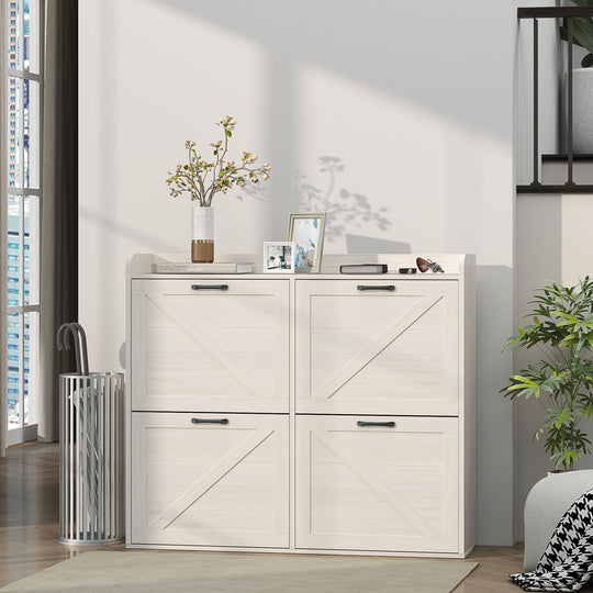 Narrow Shoe Storage Cabinet with 4 Flip Drawers, Adjustable Shelves, 16 Pair Farmhouse Shoe Cabinet, White Oak