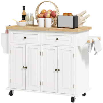 Rolling Kitchen Island with Rubber Wood Top and Storage, Spice Rack, Towel Rack, Cream White