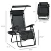 2 Piece Foldable Lounge Chair with Canopy Shade, Outdoor Zero Gravity Chair w/ Side Tray & Cup Holder, Reclining Lounger w/ Breathable Mesh Fabric Seat, Pillow, Black