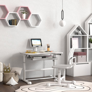 Qaba Height Adjustable Kids Desk and Chair Set with Tilt Desktop, Large Writing Board, Storage Drawer, Book Stand, Grey