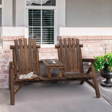 Wood Adirondack Patio Chair Bench with Center Coffee Table, for Lounging and Relaxing Outdoors Carbonized