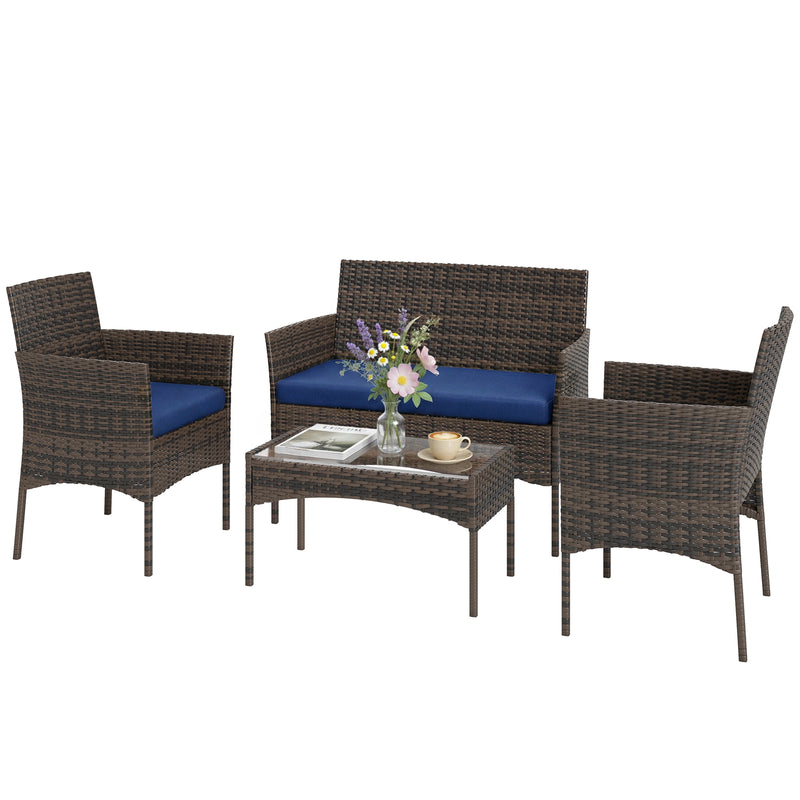 4 Pieces Wicker Outdoor Balcony Furniture Set Rattan Patio Furniture Set with Loveseat Chairs Glass Coffee Table Turquoise