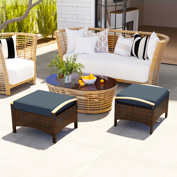 2 Pieces Wicker Outdoor Ottoman with Removable Cushion, Rattan Outdoor Footstool, Footrest and Side Table, Blue
