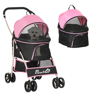 4 Wheels Pet Stroller, 3 in 1 Dog Cat Travel Folding Carrier, for Small Dogs, Detachable, w/ Brake, Canopy, Basket, Storage Bag - Yellow