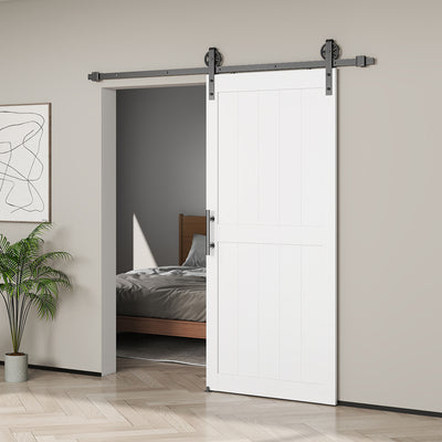 32inx84in Barn Door with 6FT Sliding Door Hardware Kit, Handle, Upgraded Rollers and Floor Guide, Waterproof, White