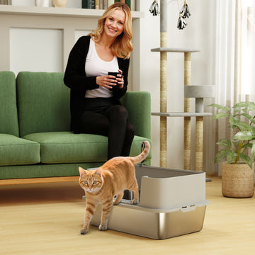 Stainless Steel Litter Box, XL High Sided Cat Litter Box with Scoop, Anti Leakage & Easy to Clean, 24