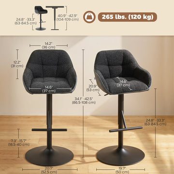 Bar Stools Set of 2, Swivel Counter Height Barstools with Back, Footrest, Armrests, Adjustable Height, Light Grey