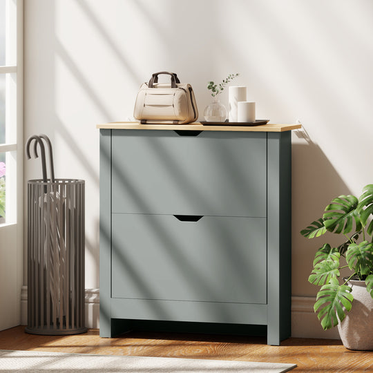 Shoe Storage Cabinet with 2 Flip Drawers and Adjustable Shelves for 12 Pairs of Shoes, Light Grey