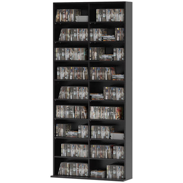 9-Tier DVD Shelf with 18 Compartments and 14 Adjustable Shelves, Holds 640 CDs, 360 DVDs or 430 Blu-rays, Black