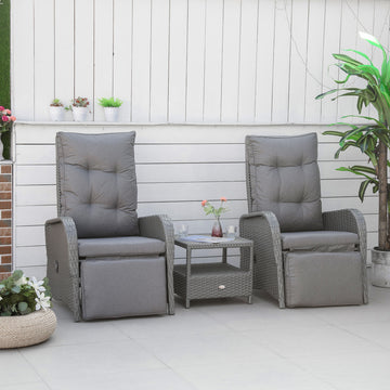 3 Pieces Patio Wicker Bistro Set, PE Rattan Coffee Table & Adjustable Recline Chairs Furniture Set with Cushions and Wood Grain Plastic Top