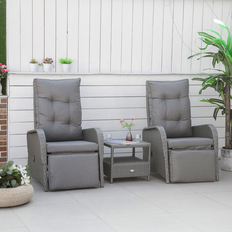 3 Pieces Patio Wicker Bistro Set, PE Rattan Coffee Table & Adjustable Recline Chairs Furniture Set with Cushions and Wood Grain Plastic Top