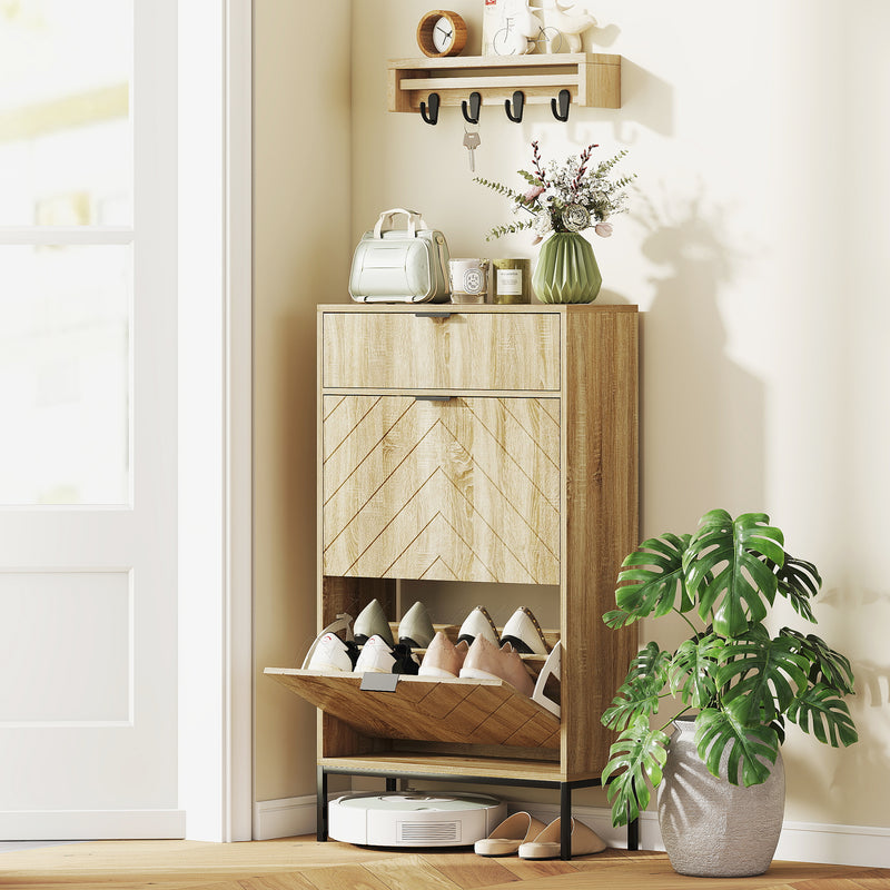 Narrow Shoe Storage Cabinet with Flip Drawers, Shoe Cabinet with Adjustable Shelves, Sliding Drawer, Holds 8 Pairs, Oak