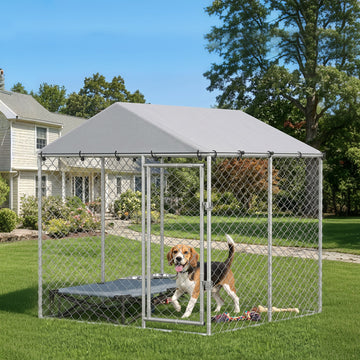 6.6' x 6.6' x 6.6' Outdoor Dog Kennel Heavy Duty Galvanized Steel with UV-resistant Roof, Silver