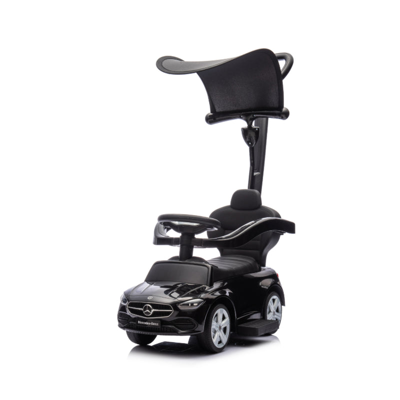 Qaba 3 in 1 Toddler Push Car Licensed Mercedes-Benz with Push Handle, Canopy, Guardrails, Horn, Music for 18-36 Months, Black